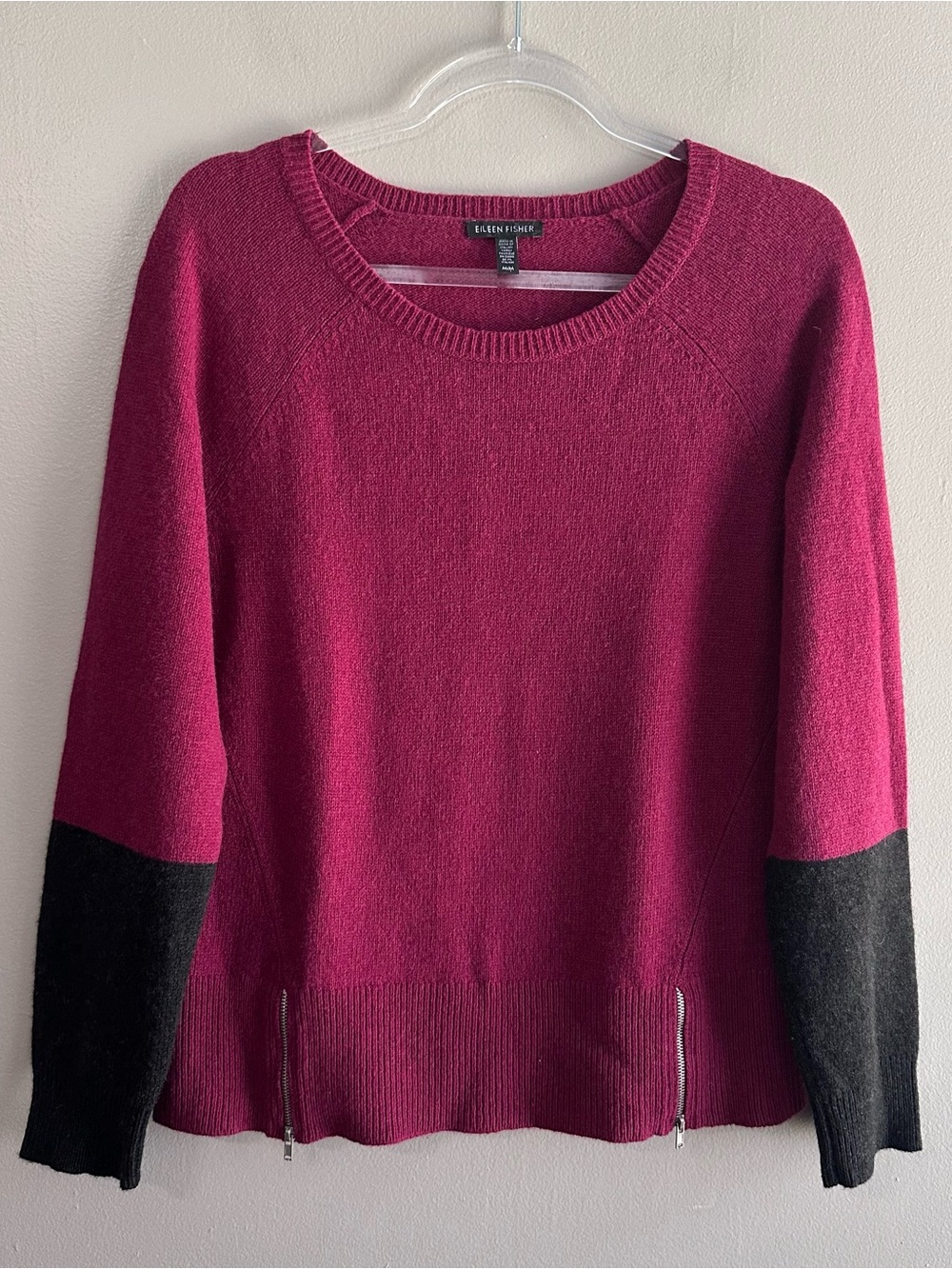 Eileen Fisher Burgundy Yak Merino Wool Zipper Colorblock Sweater Womens Medium